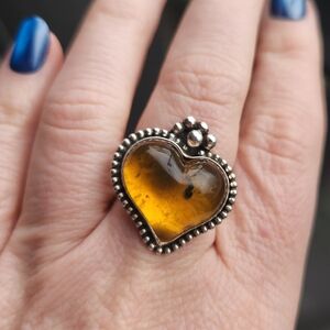 Handmade Sterling Silver 925 Amber Sacred Heart Ring Hammered Band Size 7